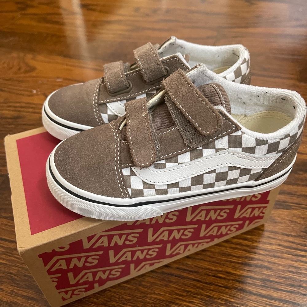 Vans Kids Checkerboard Velcro Sneakers - Brown & White